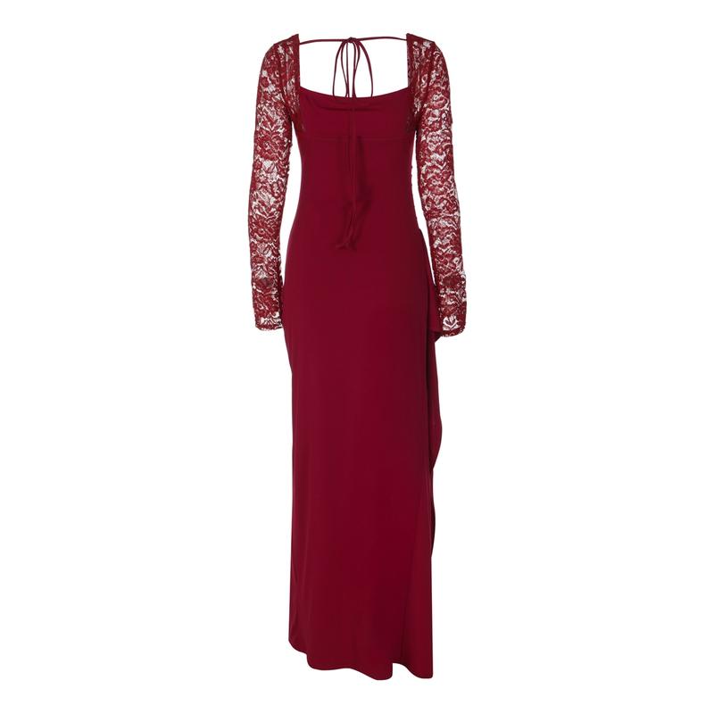 Women's Solid Contrast Lace Long Sleeves Split Thigh Bodycon Cocktail Dress, Square Neck Ruched Cut Out Backless Lace-up Plain Slit Maxi Dress, Elegant Party Club Date Evening Gown Daily Casual Long Dresses For Ladies Spring & Fall Clothes Wear