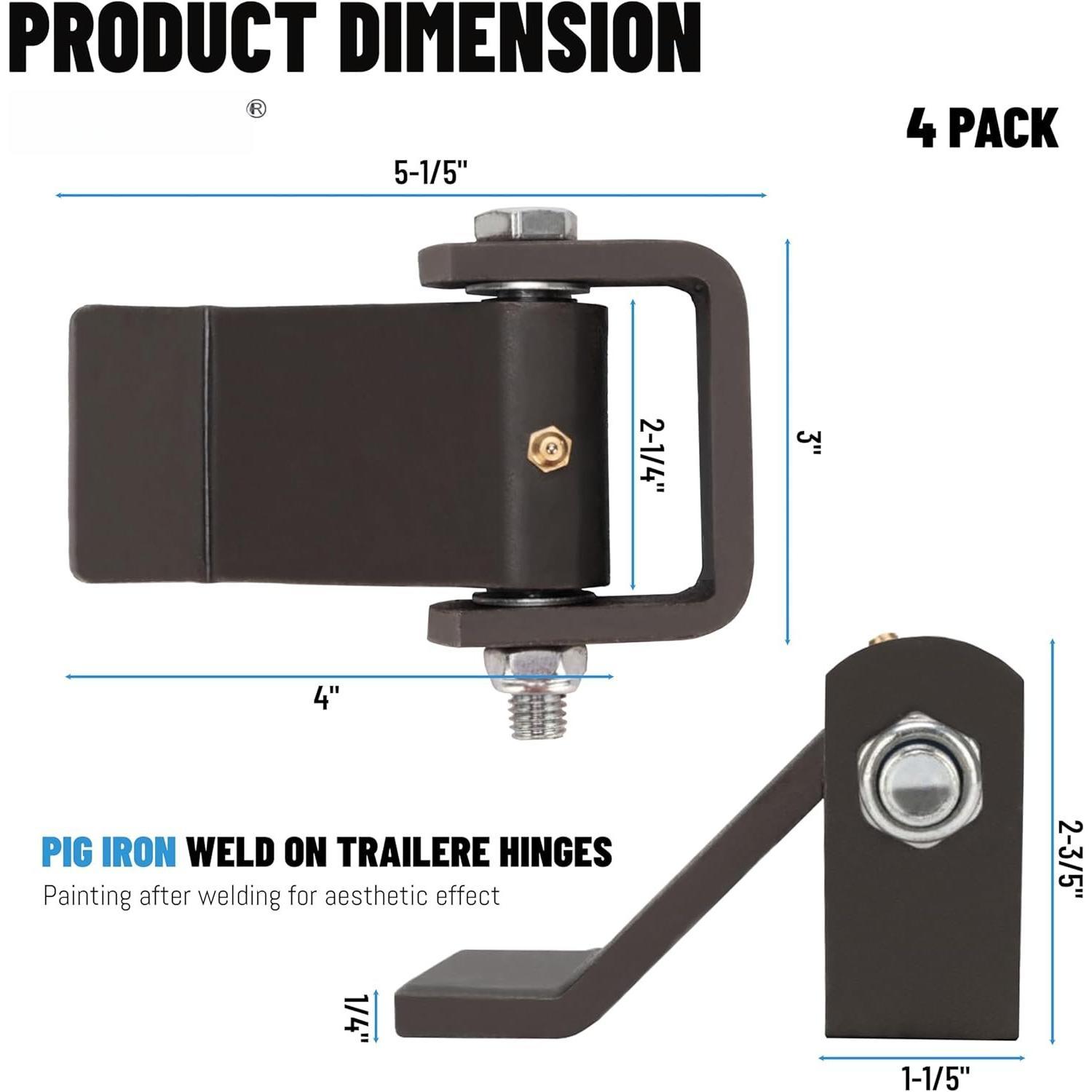 Weld  Trailer Hinges, Heavy Duty Dump  Trailer Metal Gate Hinges with  Zerk Fitting, Strap Style Short Leaf  Gate Hinges (4 Pack)