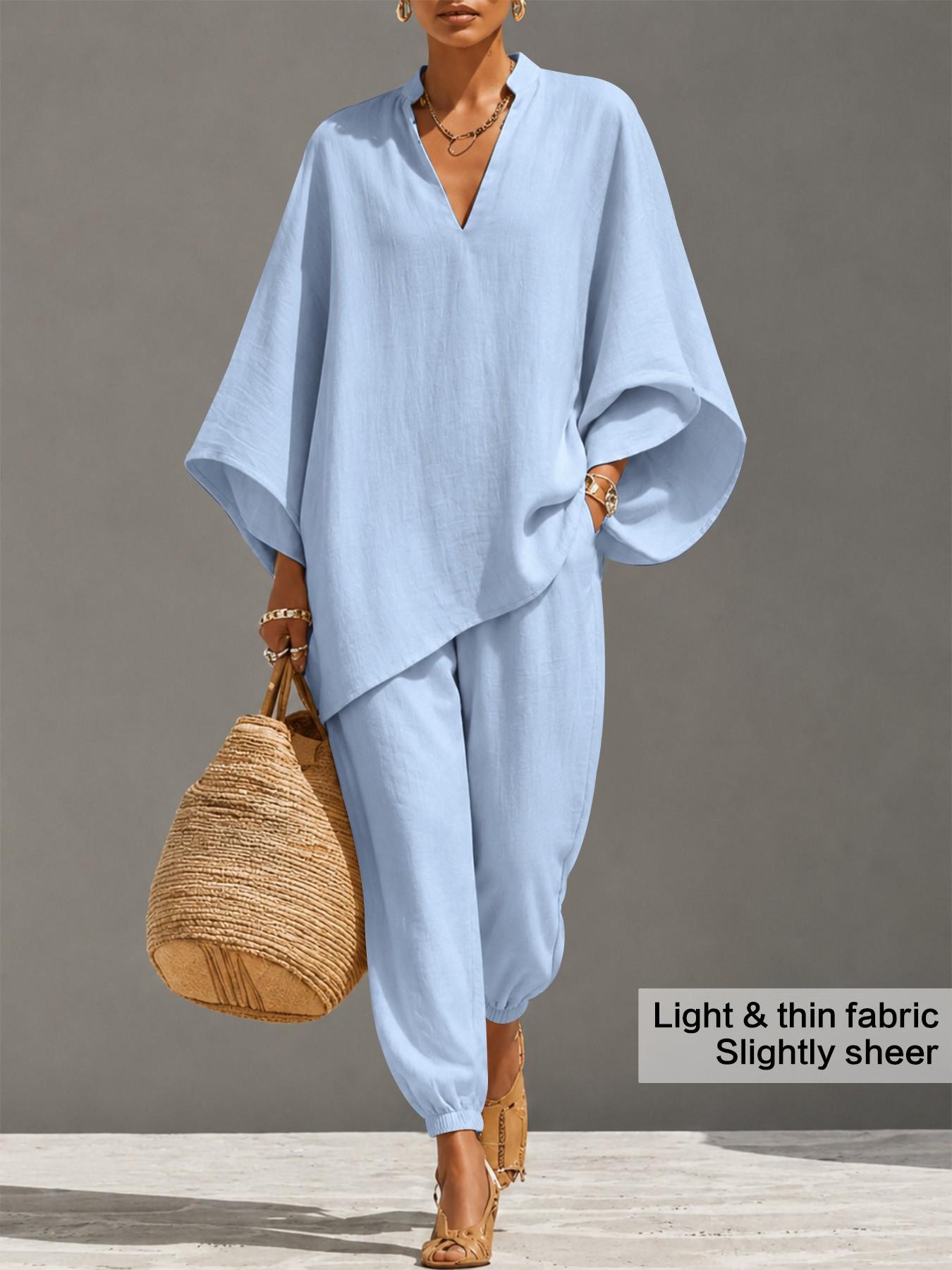 Women's Oversized Light Linen-Look 2-Piece Set, Batwing Long Sleeve Blouse Top & Drawstring Pants, Comfy Casual Style for Travel & Vacation
