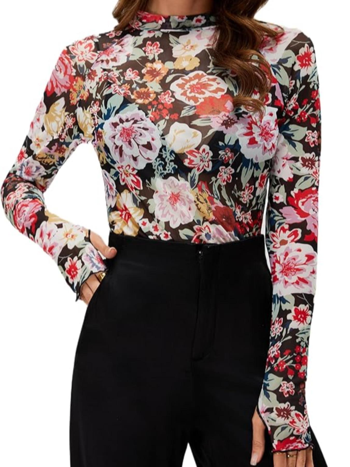 Women's Long Sleeved Mesh Lace Top, Ditsy Floral Print Tee, Fashion Casual Mock Neck T-shirt for Daily Outdoor Wear, Ladies Clothes for Spring & Fall