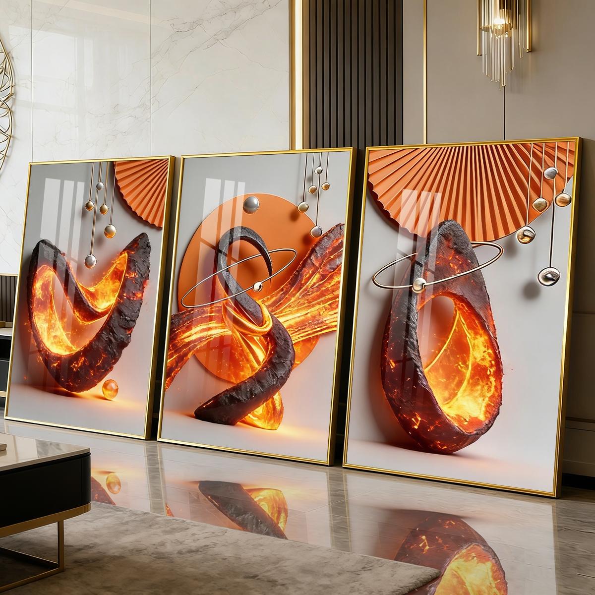 3 Counts Aluminum Alloy Framed Painting, Abstract Lava Flame Sculpture Pictures, Home Decoration For Living Room, Bedroom, Office, Restaurant, Hallway Wall Decor, Odorless Print Artwork, Luxury Perfect Gift For Friends And Family