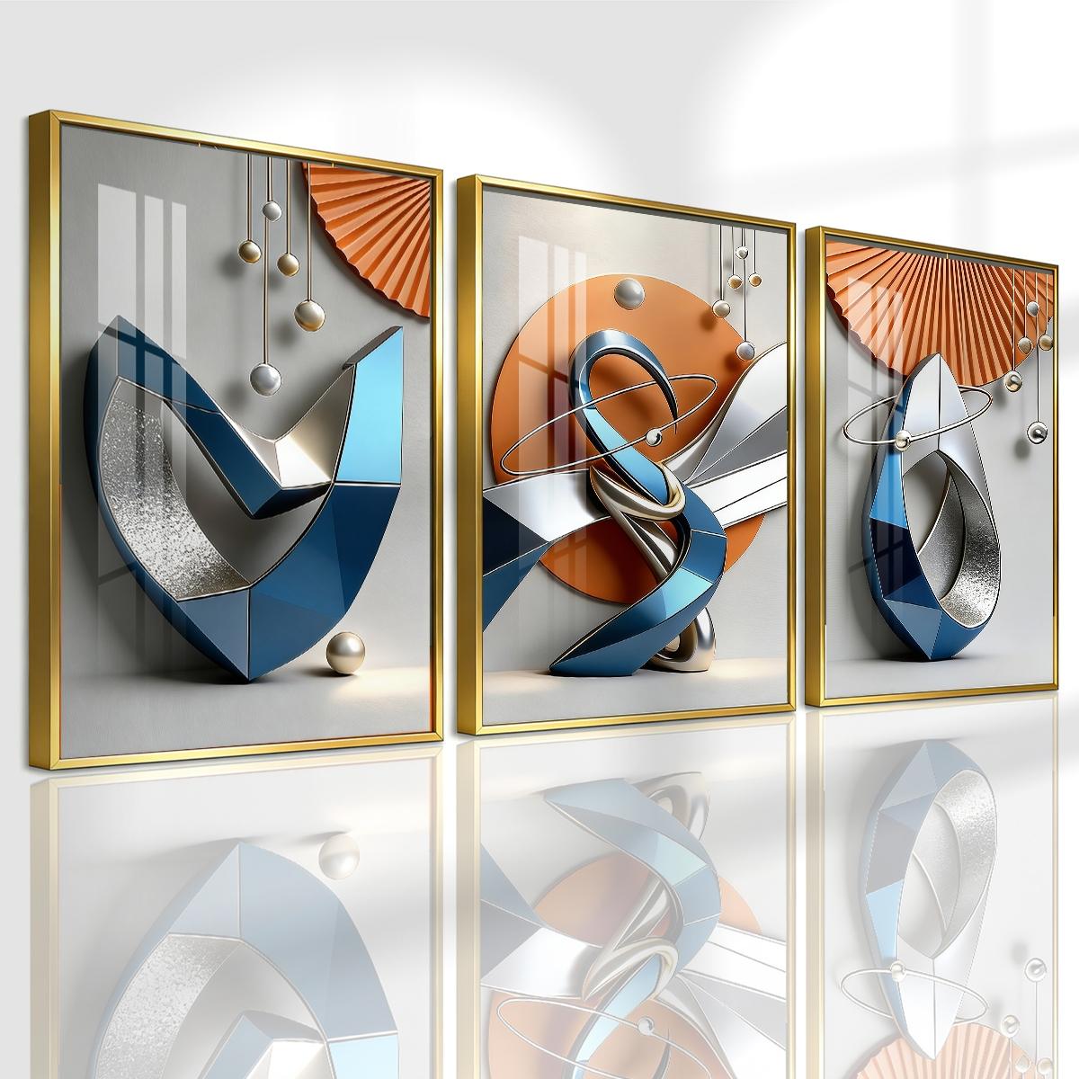 3 Counts Aluminum Alloy Framed Painting, Modern Geometric Abstract Metal Art Pictures, Home Decoration For Living Room, Bedroom, Office, Restaurant, Hallway Wall Decor, Odorless Print Artwork, Luxury Perfect Gift For Friends And Family