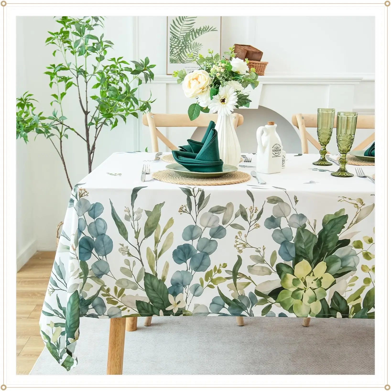 Waterproof Stain Resistant Tablecloth with Eucalyptus Floral Design - Easy Clean, Vibrant & Durable Boho Home Decor for Dining, Kitchen, Outdoor, Picnic, W60 x L84Gift