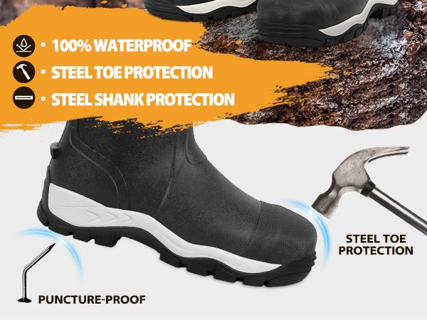 Rubber Work Boots for Men with Steel Toe, 1100N Puncture-Proof Hunting Boots with 7mm Neoprene Waterproof and EVA Midsole, Adjustable Back Gusset, Ideal for Hunting, Work, and Farming Footwear