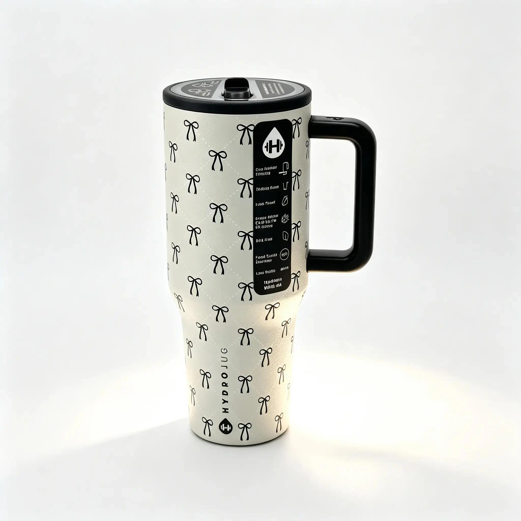HydroJug 40oz Stainless Steel Insulated Water Bottle With Black Bow Print & Large Comfort Grip Handle, Leakproof Lid, Up to 24 Hours Long-Lasting Warm & Cold Insulation, Cup Holder Friendly for Gym, Household and Daily Use,Sports Water Bottles