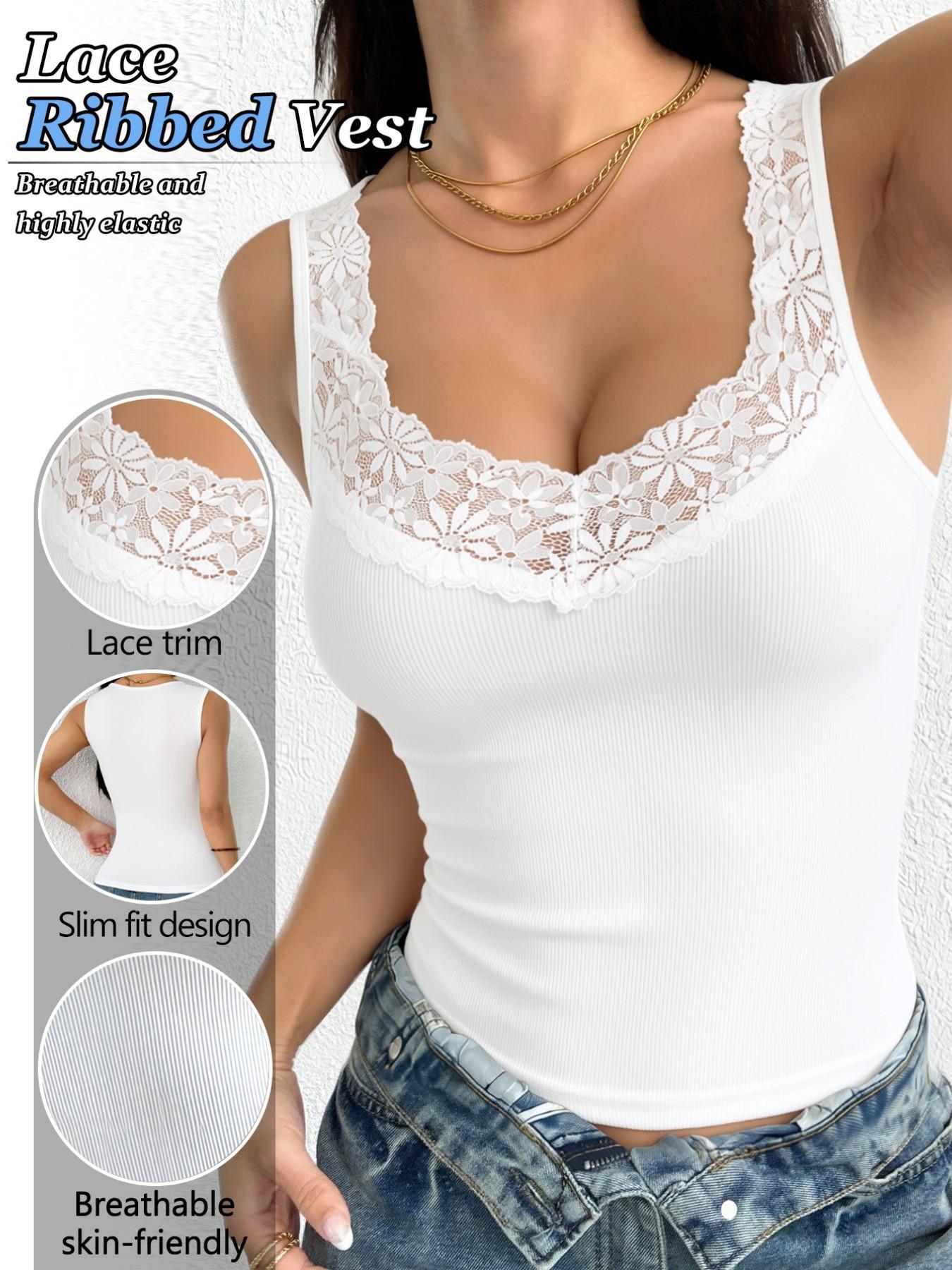 2-Pack Women's Ribbed Lace-Trim Camisoles (Standard Sizing) – Best-Selling Sleeveless Tank Tops – Breathable, High-Stretch, Casual Summer Wardrobe Essentials