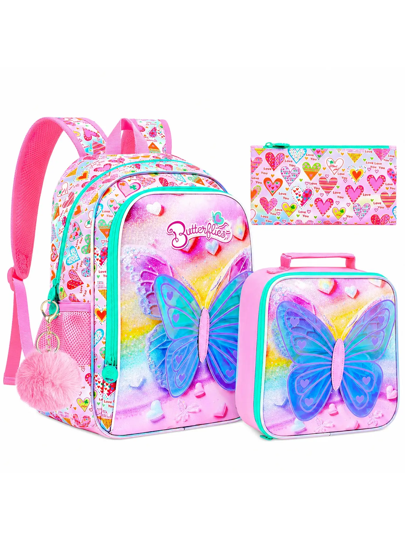3PCS 16 Inch Matching Backpack Set, Rainbow Heart Butterfly UV Print Backpack, Backpack + Handbag + Pencil Case, Student Backpack for School & Travel