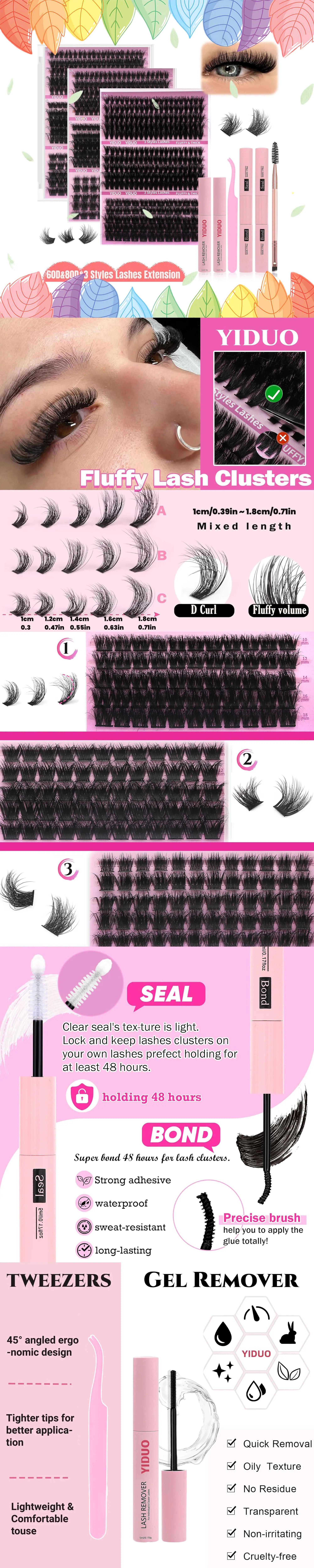Eyelashes Extension Set, 60D & 80D & Thick Volume Lashes Clusters, Individual Lash Extensions Kit, 10-18mm D Curl Lash Extensions Kit with Eyelash Glue Extension, Lash Bond and Seal, Lash Remover, Lash Tweezers, DIY Lash Clusters at Home #TOP PICKS