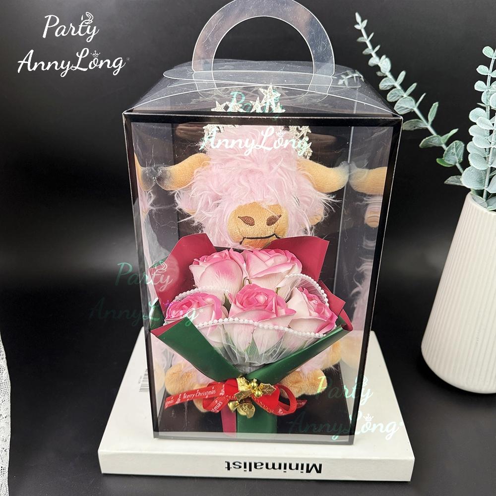 Christmas Highland Cow Plush Toy with Artificial Rose Bouquet, 1-Set Cute Cow Design Plush Home Decoration, Holiday Gift for Loved Ones