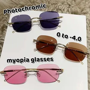 2023 Blue Light Blocking Eye Protection Photochromic Myopia Glasses Frameless Eyewear Sensitive Color Changing Eyeglasses
