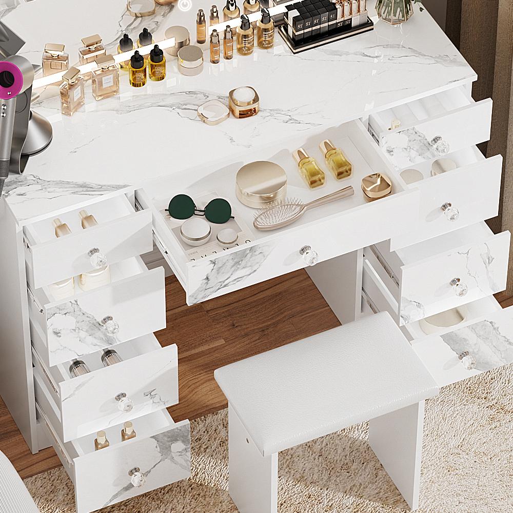 VOWNER Makeup Vanity Desk Table with Lighted Mirror,Power Outlet and 9 Drawers,Come with Soft Cushioned Stool