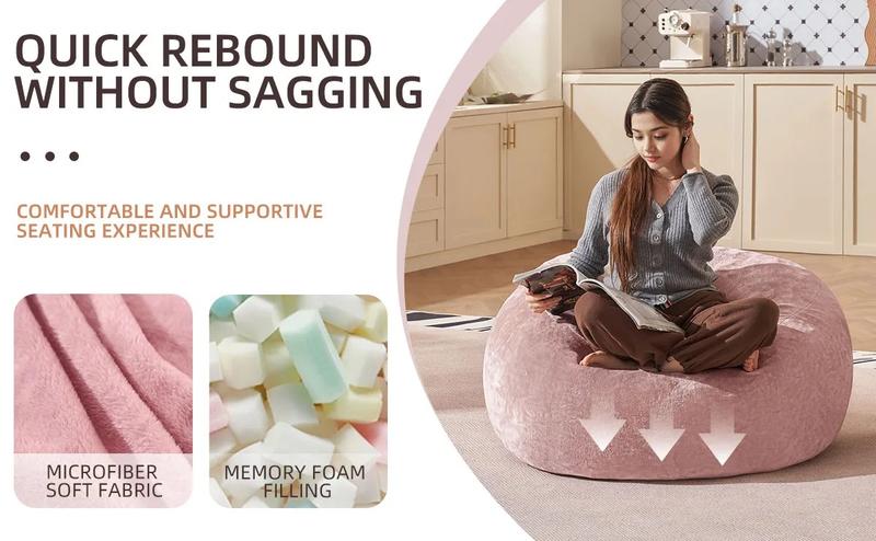Bean Bag Chair with Memory Foam 3FT/4FT/5FT, Washable Flannel Cover, Cozy Seating for Home or Dorm