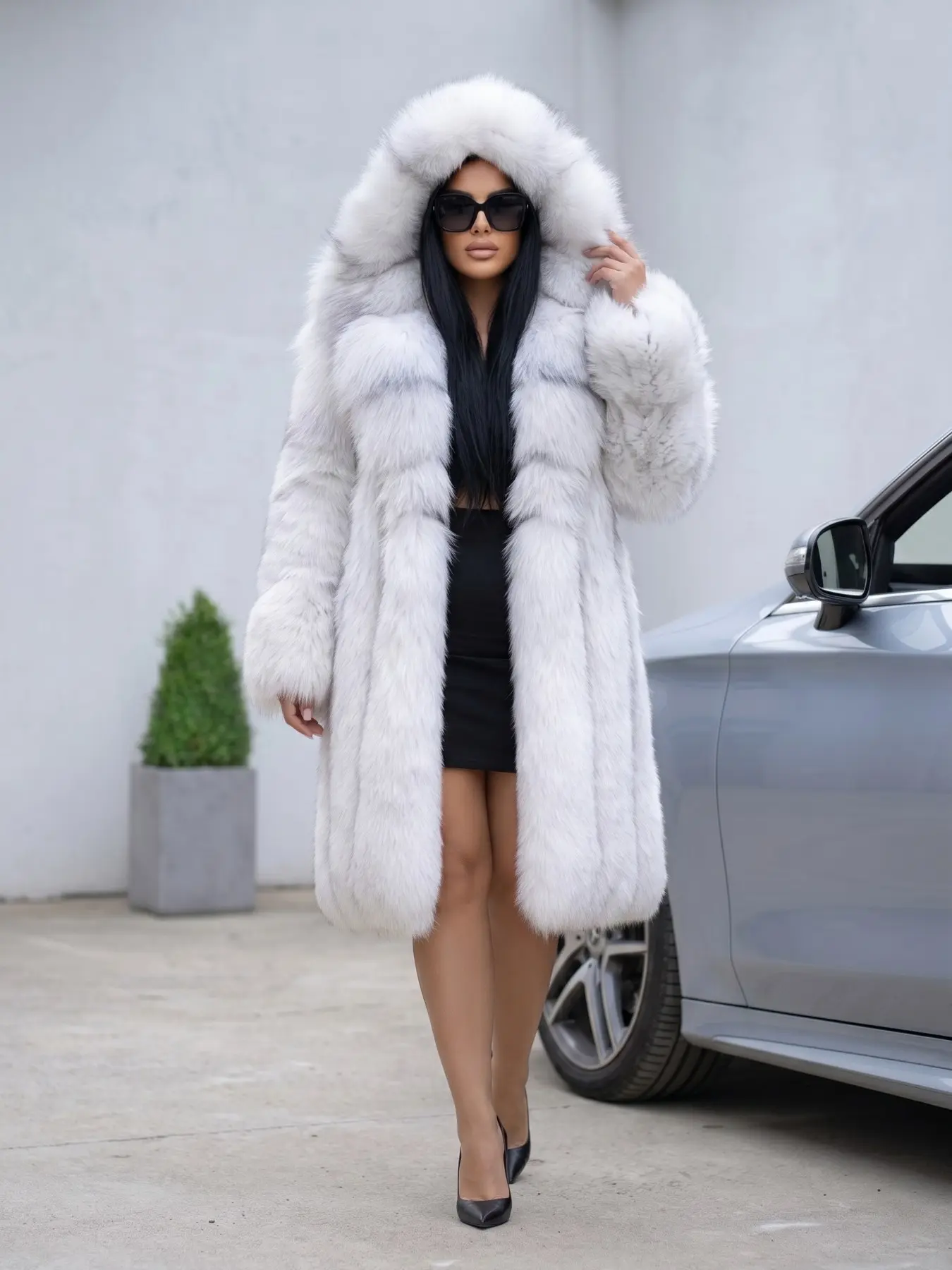 Plus Size Women's Hooded Long Faux Fur Coat, Autumn Winter Loose Plush Jacket, Elegant Street Style Outerwear, Trendy Fashionable Design
