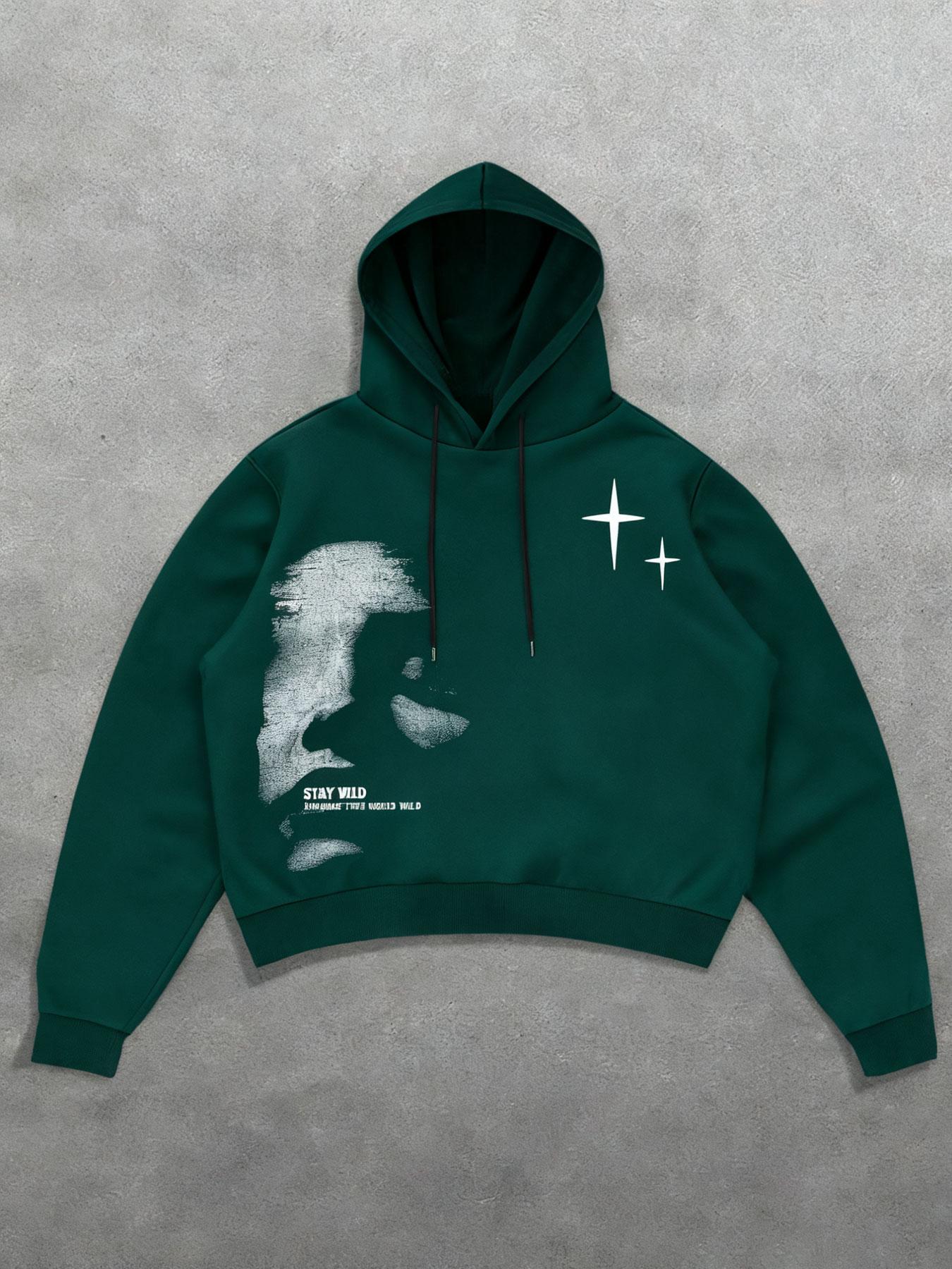 Men's Black Cropped Hoodie Letter Logo with "Stay Wild" Graphic | Grunge Street Style