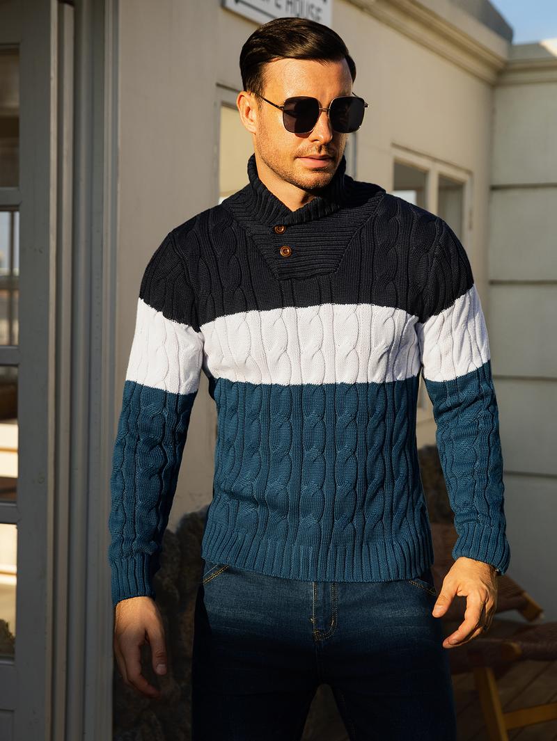HYPESTFIT Men's Ink Blue Contrast Knit Sweater with Geometric Pattern Large Lapel Collar Long Sleeve Pullover for Fall Winter Layering Casual Menswear 100% Polyester Slight Stretch