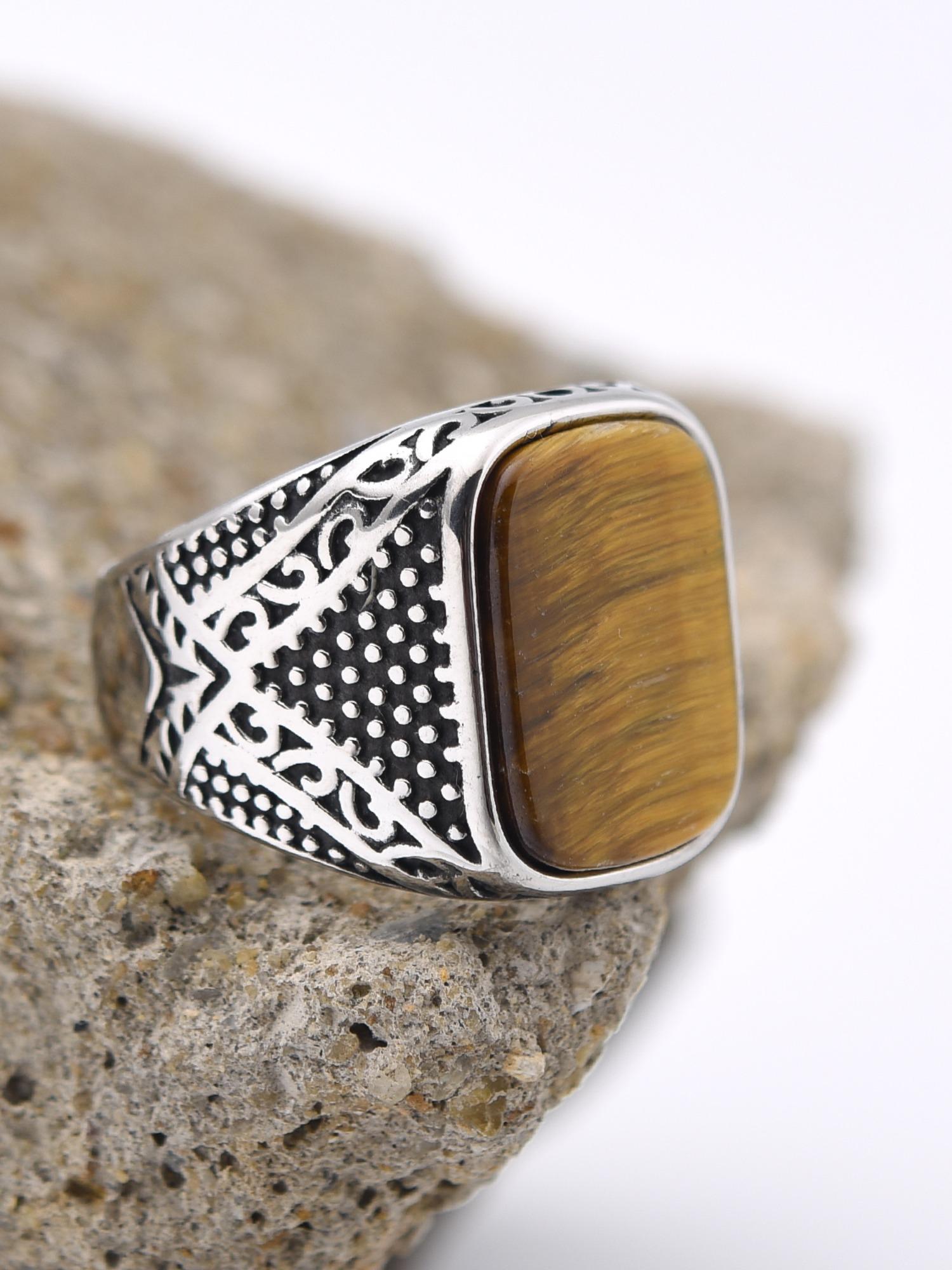 Vintage Men's Signet Ring 316L Stainless Steel Silver Color Blue Agate Square Stone Retro Carving Jewelry Gift