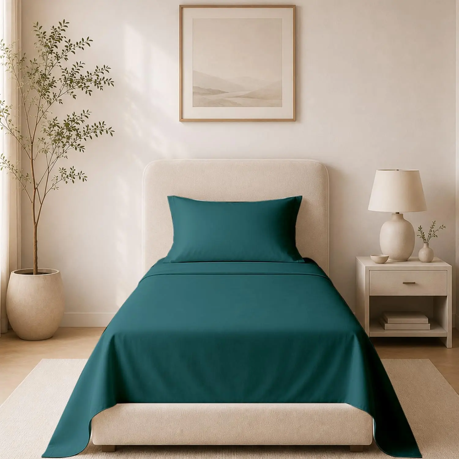 Carressa Linen Organic Cotton Twin XL Percale Sheets, Teal