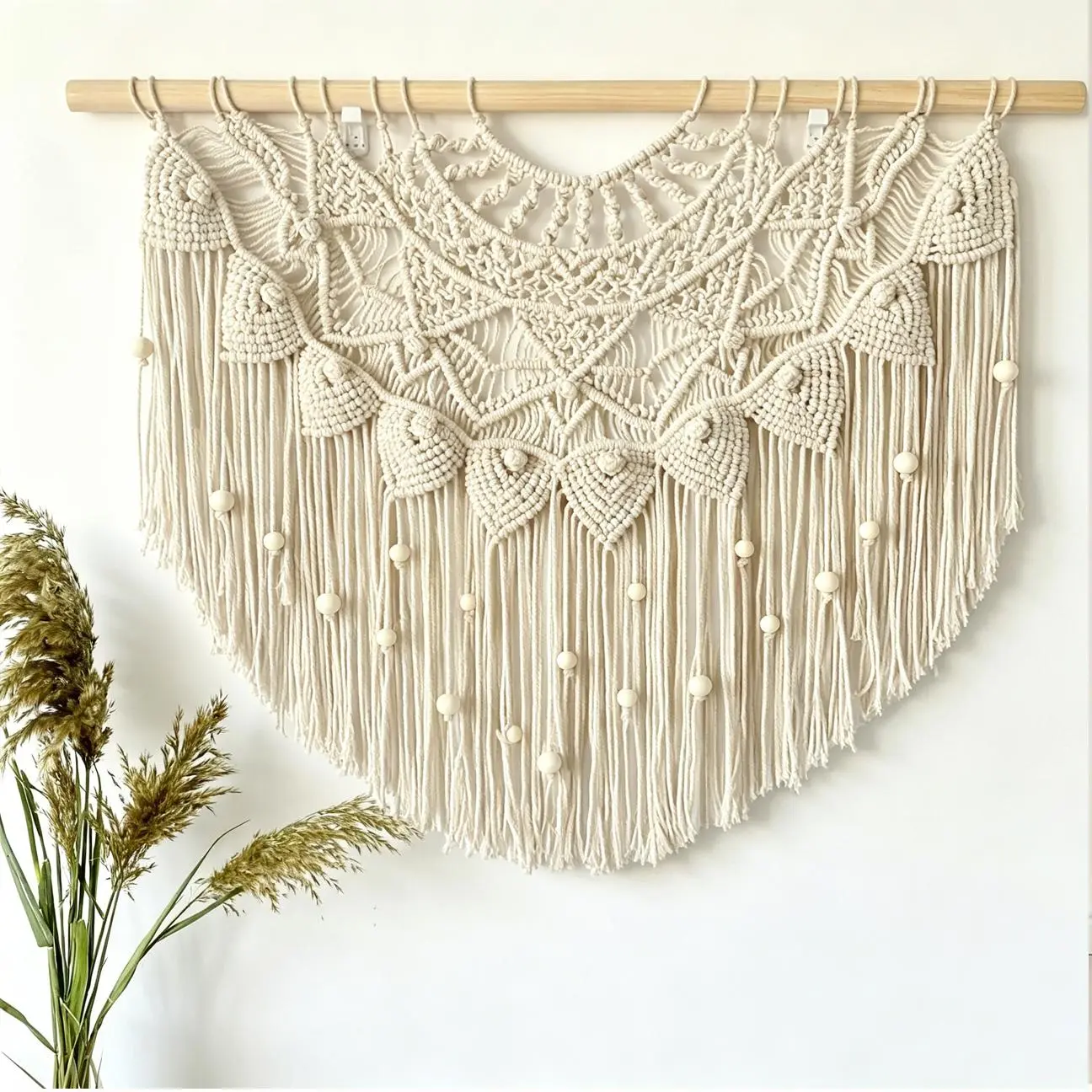 Handmade Cotton Retro Boho Macrame Weave Wall Hanging Tapestry - Khaki, Wooden Beads, Woven Tassel, Decorative Window Curtain, Minimalist Artistic Home Decor - 31"W X 25"H Easy Install Gift for Bedroom, Kitchen Anniversary with Screws