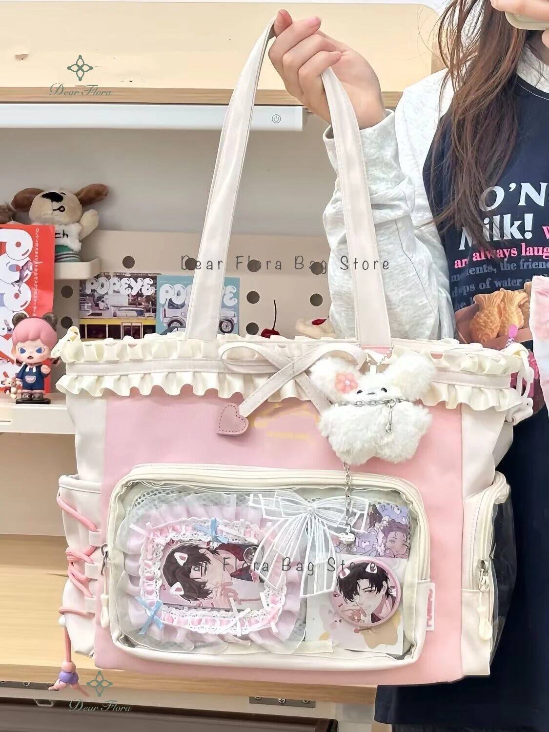 New Nylon/Polyester Ita Bag for Lolita Girls - Transparent Large-Capacity Shoulder Tote, Crossbody, DIY Display Casual Handbag