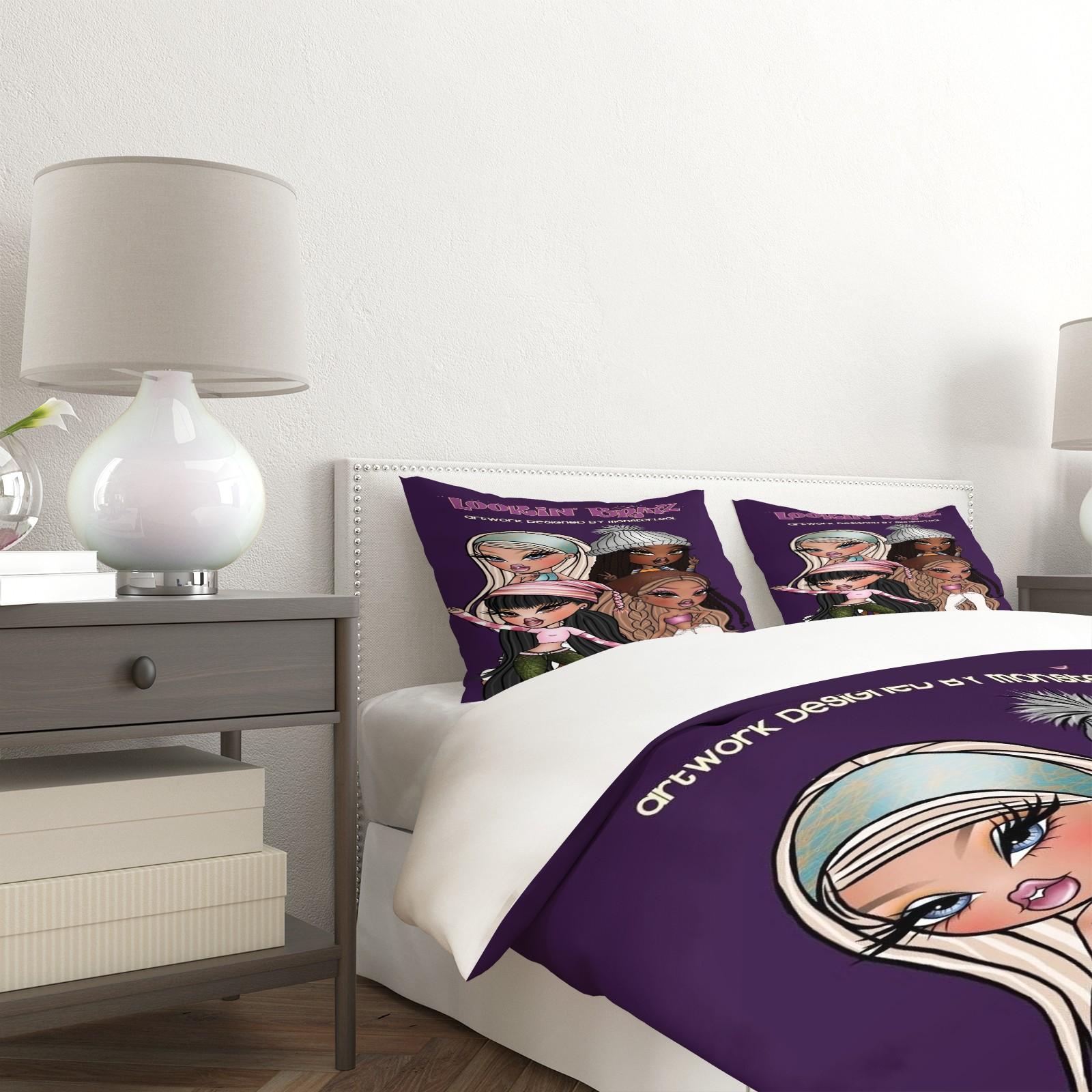 Bratz Pattern Printed Soft Durable Bedding Set, Includes 1 Fitted Sheet and 1 or 2 Pillowcases, Excluding The Core And Pillow Core, Modern Style Bedroom Decor Gift