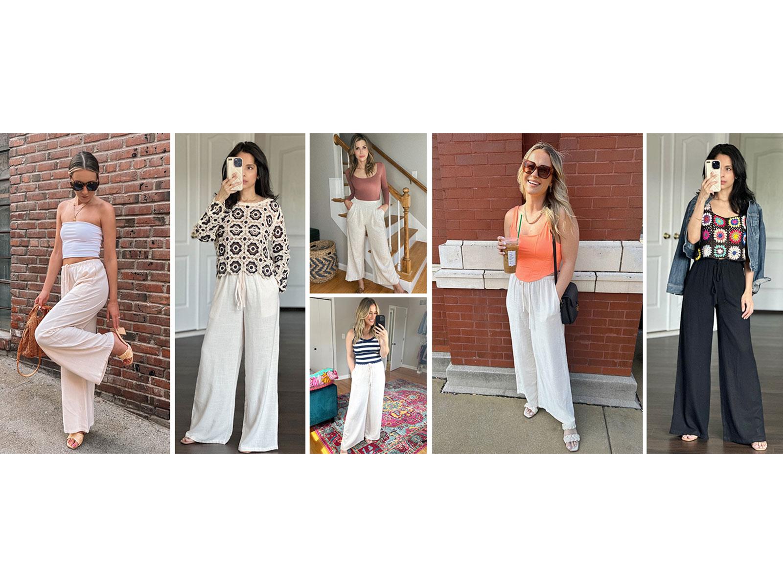 Yeokou Women's  Cotton Linen Summer Palazzo Pants Flowy Wide Leg Beach Trousers with Pockets