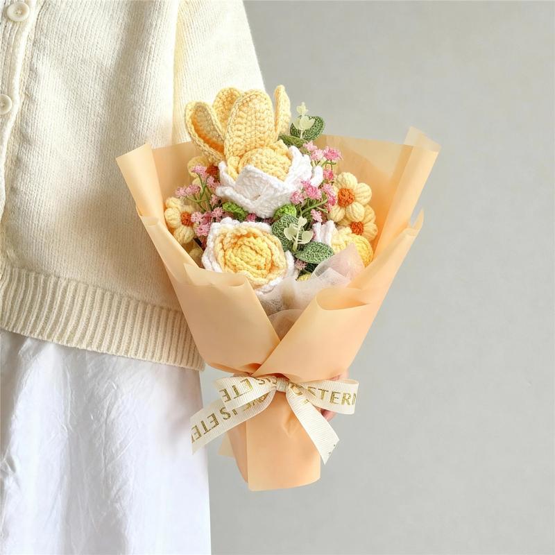 Handmade Crochet Rose Bouquet Yarn Knitted Fake Flowers, Christmas Mother's Day Valentine's Day Wedding Anniversary Gift