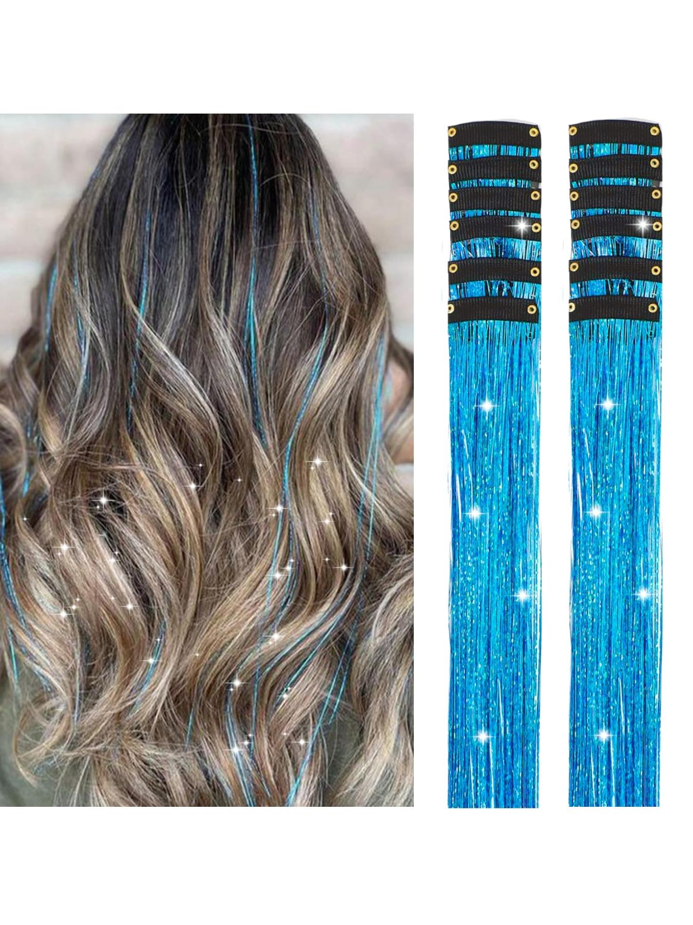 Rainbow Hair Tinsel Pack of 12 Pcs Clip in Hair Tinsel 20 Inch Glitter Tinsel Hair Extensions, Festival Tinsel Fairy Hair Extension Party Dazzle Hair Accessories Strands Kit Clip on Hairpieces