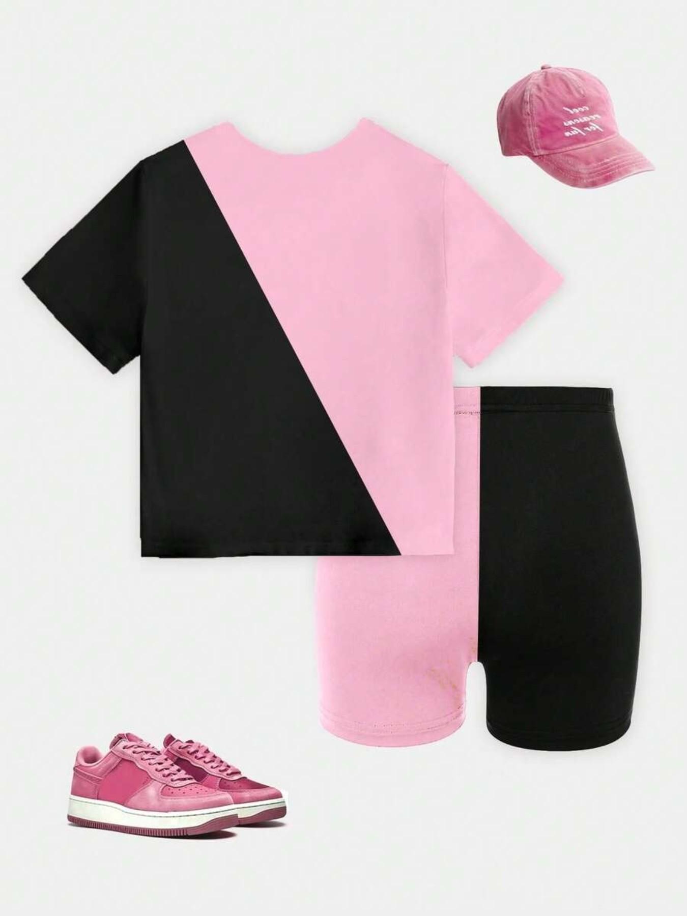 K-Pop Girl Summer, Colorblock Letter Print T-Shirt + Slim Fit Shorts, Stage Performance Costume, Cartoon Pattern