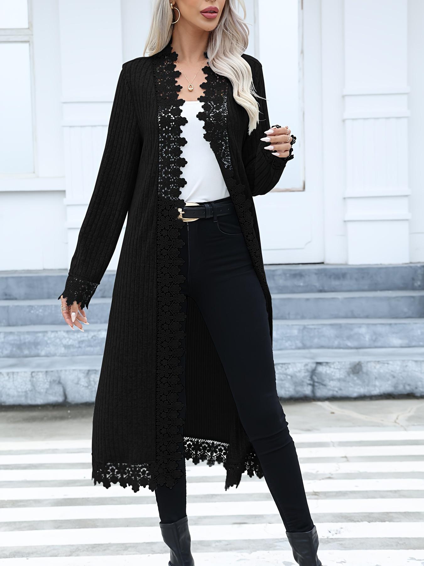Women's Contrast Lace Open Front Longline Coat, Casual Long Sleeve Ribbed Outerwear for Spring & Fall, Ladies Clothes for Daily Wear