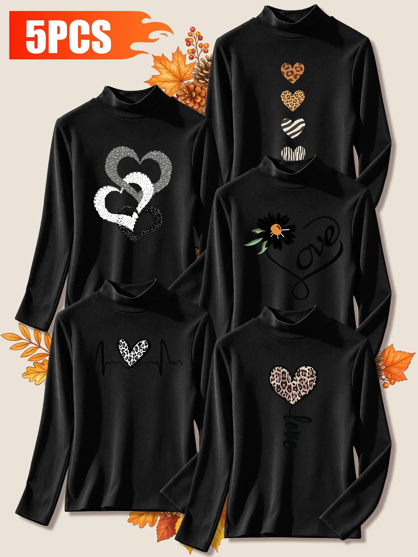 5Pcs Women's Turtleneck Long Sleeve Fleece Lined Undershirts, Multiple Colors, Machine Washable, Autumn Winter Tops, Soft Skin‑Friendly Fabric, Daily General Use, Leopard Print Heart Graphic Fashion Design, Versatile Base Shirts