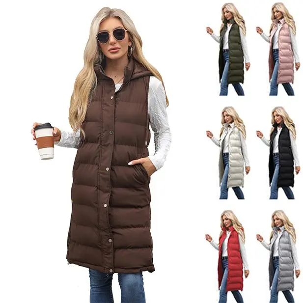 Women Down Long Vest, Women's Long Sleeveless Lightweight Warm Zippered Hooded Vest, Quilted Hooded Sleeveless Jacket, Long Down Jacket, Solid Color Vest, Winter Warm Quilted Vest, Waterproof Jacket with Pockets