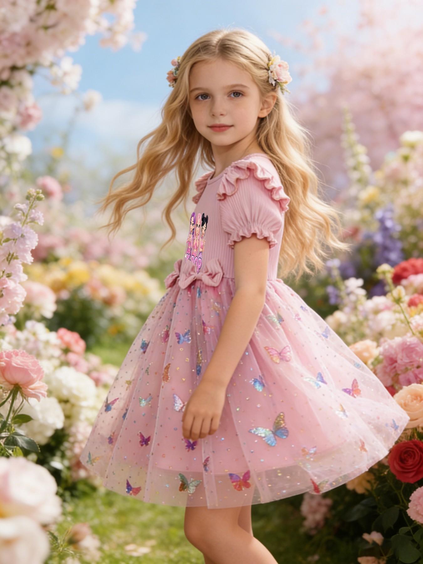 Princess Party Dance Dress, Butterfly Mesh Skirt, Dreamy Elegant Design, K-Pop Girl Group Print, Perfect for Camping Travel Parties