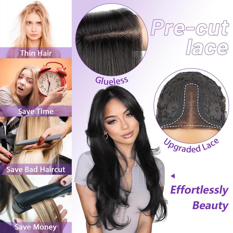 [Black Friday][ AISI HAIR ]Natural Black Glueless Wigs for Women Pre Cut Synthetic Lace Hairline Long Layered Straight Hairstyle 26 Inch