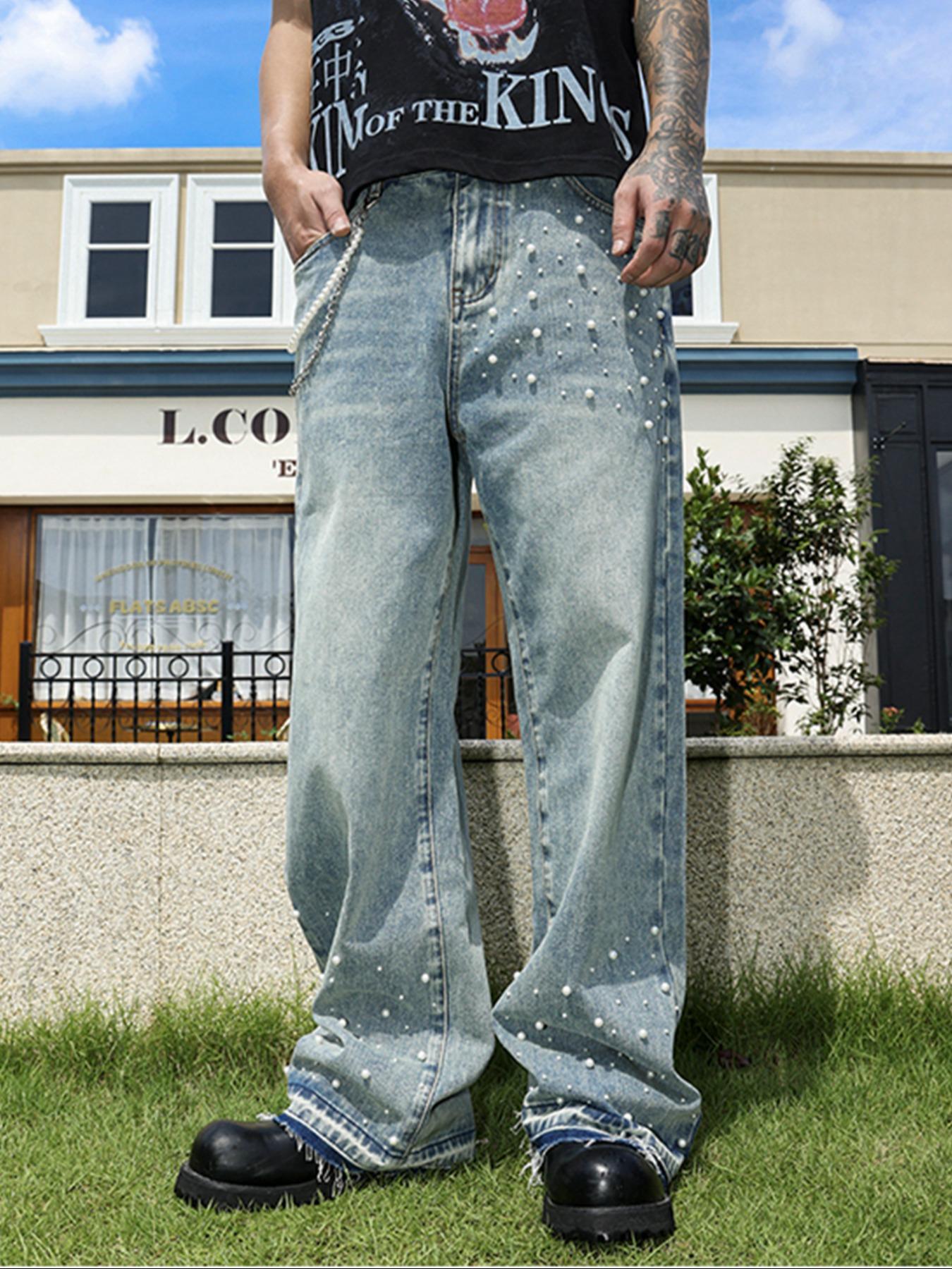 Four-Season Washed Light Blue Handmade Beaded Loose Wide Leg Straight Leg Jeans, Y2K Casual Streetwear, Perfect Gift for Husband or Boyfriend
