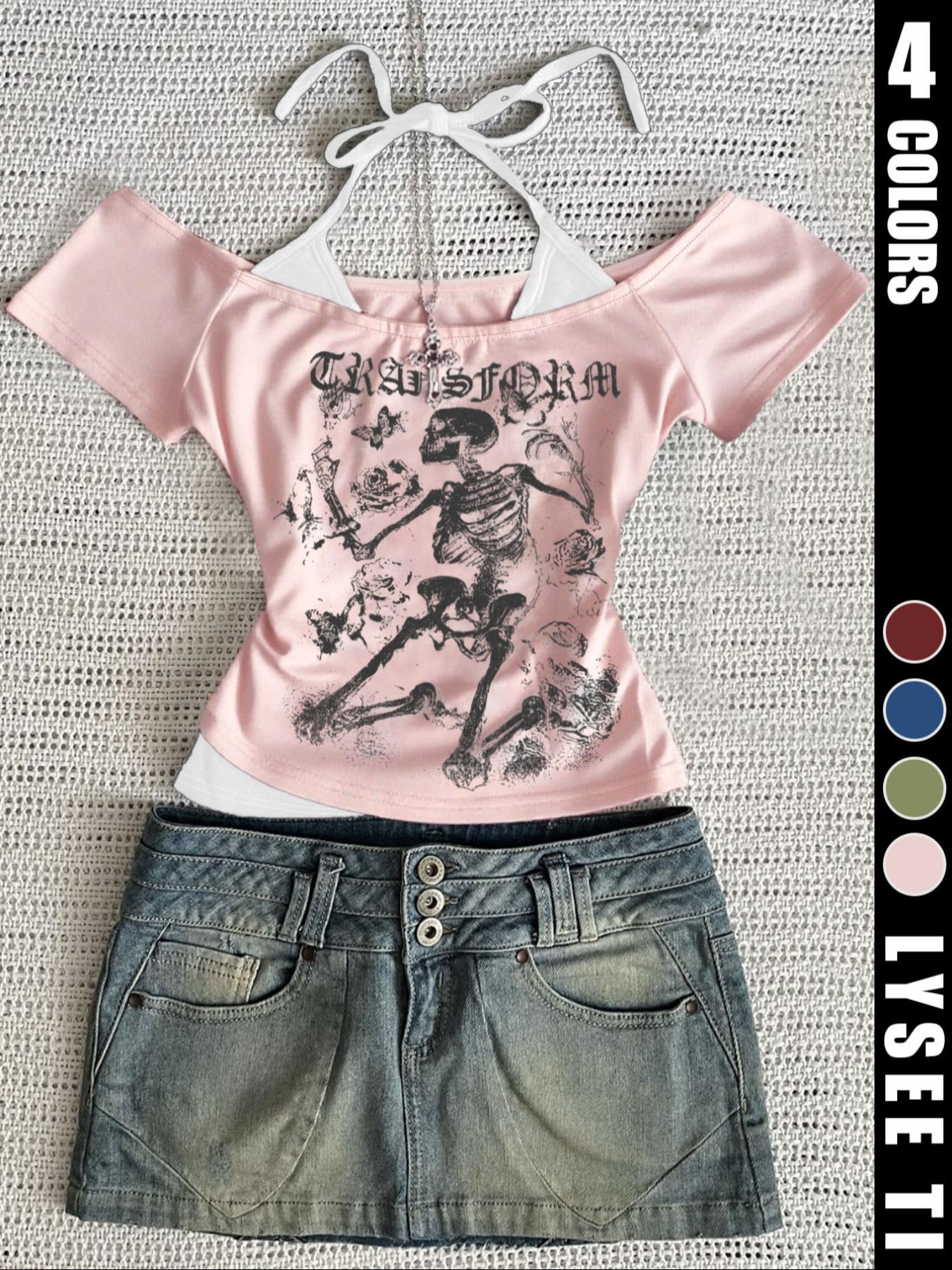 Fashion and casual Y2k women's skull printed back strap Fitted T-shirt