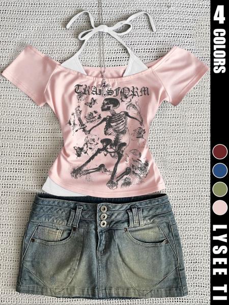 Fashion and casual Y2k women's skull printed back strap T-shirt