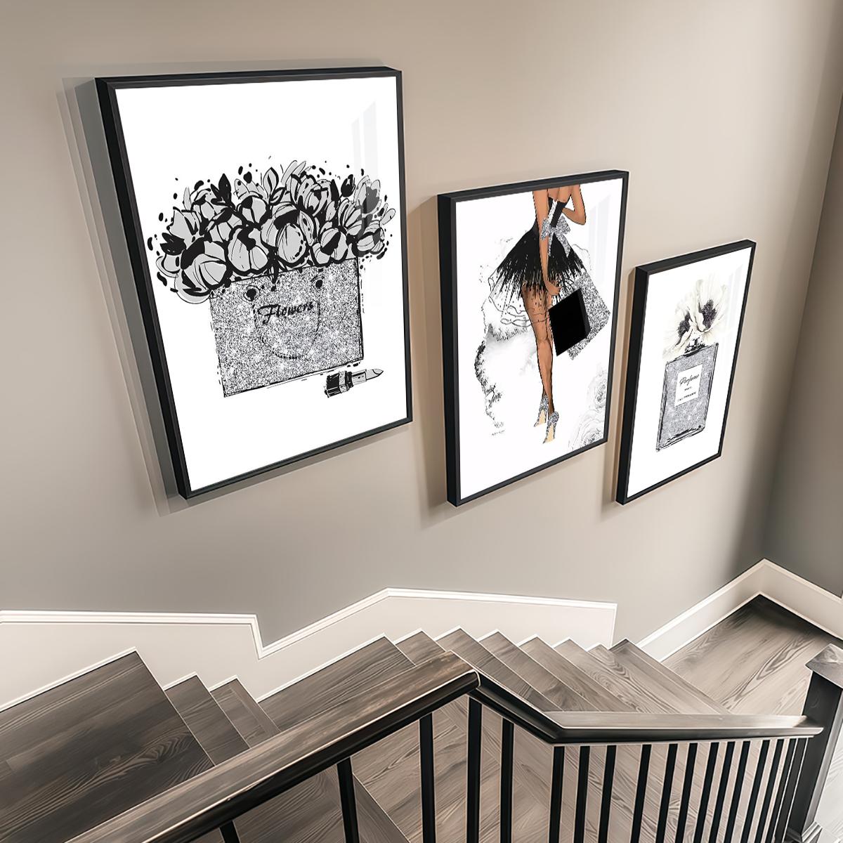 3 Counts Aluminum Alloy Framed Painting, Fashion Girl Perfume And Flower Art Prints, Home Decoration For Living Room, Bedroom, Office, Restaurant, Hallway Wall Decor, Odorless Print Artwork, Luxury Perfect Gift For Friends And Family