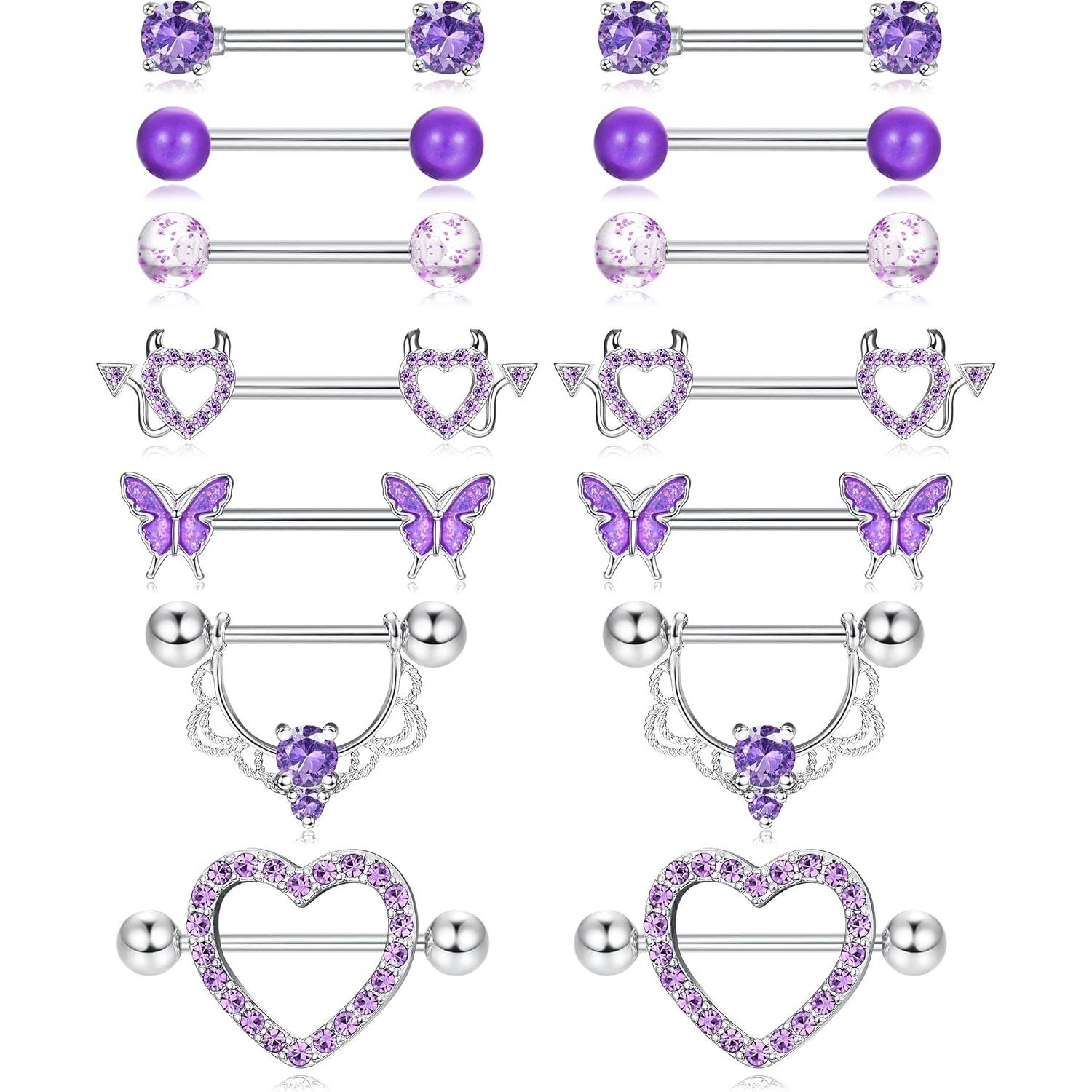 7 Pairs 14G Nipple Rings 316L Surgical Steel Nipple Piercing CZ Heart Butterfly Barbell Tongue Rings Set Cute Nipple Tongue Piercing Jewelry for Women Body Jewellery