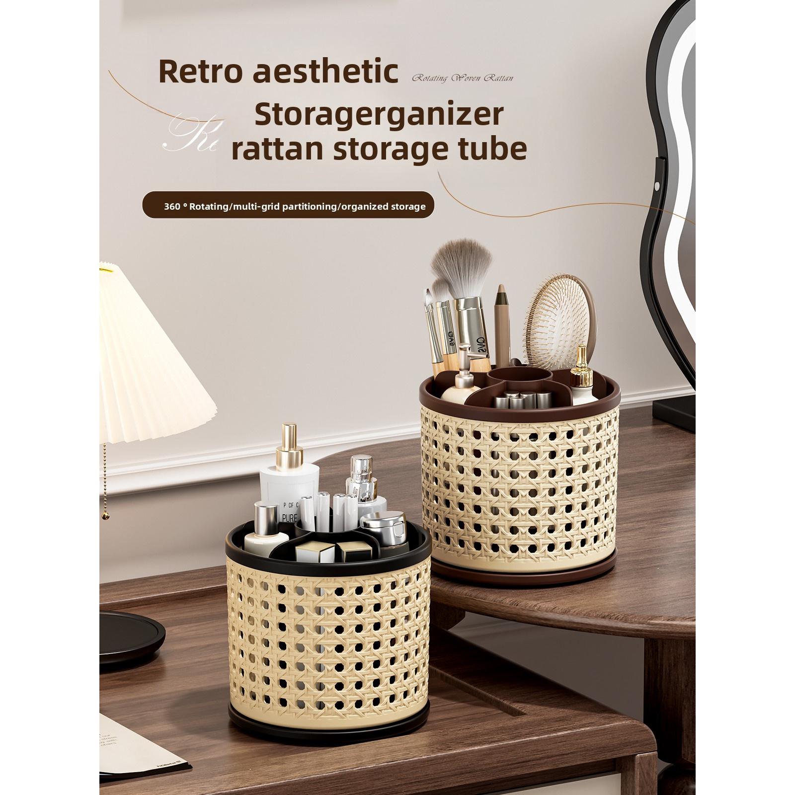 360° Rotating Pen Holder, Spacious Desktop Organizer for Students, Makeup Brush Storage Box, Independent Compartments, Vintage Style Design