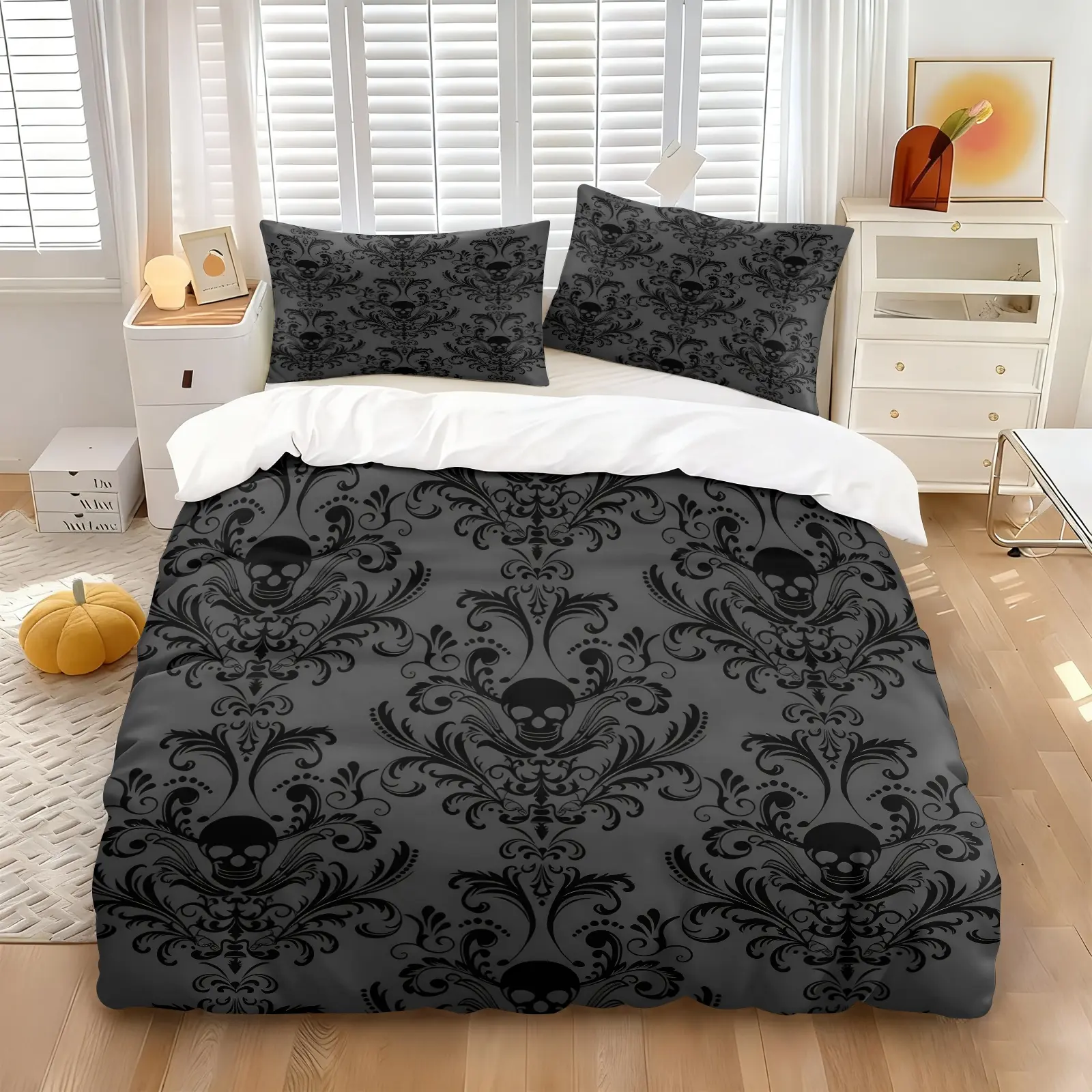 Black White Horror Skull Decorative Duvet Cover Set 3 Pieces No Filler, 1 Duvet Cover + 1-2 Coreless Pillowcases, Vintage Twisted Root Skeleton Print, Breathable Soft Comfy Dark Gothic Bedroom Bedding