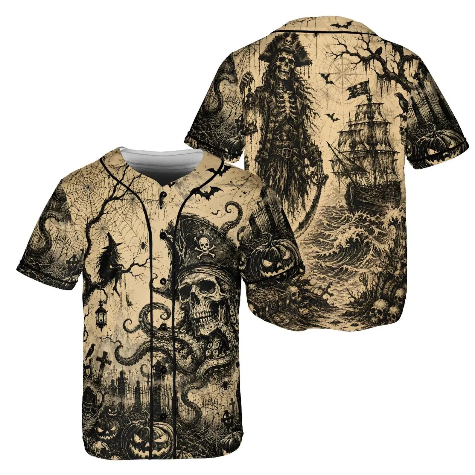 Men Short Sleeve Baseball Jersey Beige Vintage Halloween Pirate Skull Octopus Pumpkin Ship Print Casual Streetwear Party Costume