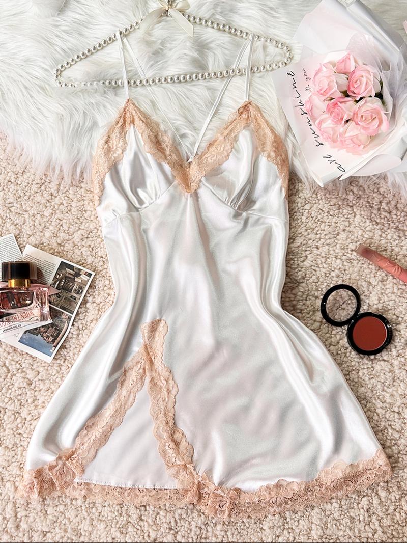Women's Contrast Lace Split Thigh Satin Cami Nightdress, Bride's Nightgown, Elegant Criss Cross Backless Nightgown, Women's Summer Sleepwear, Summer Outfits 2024, National Day Offers