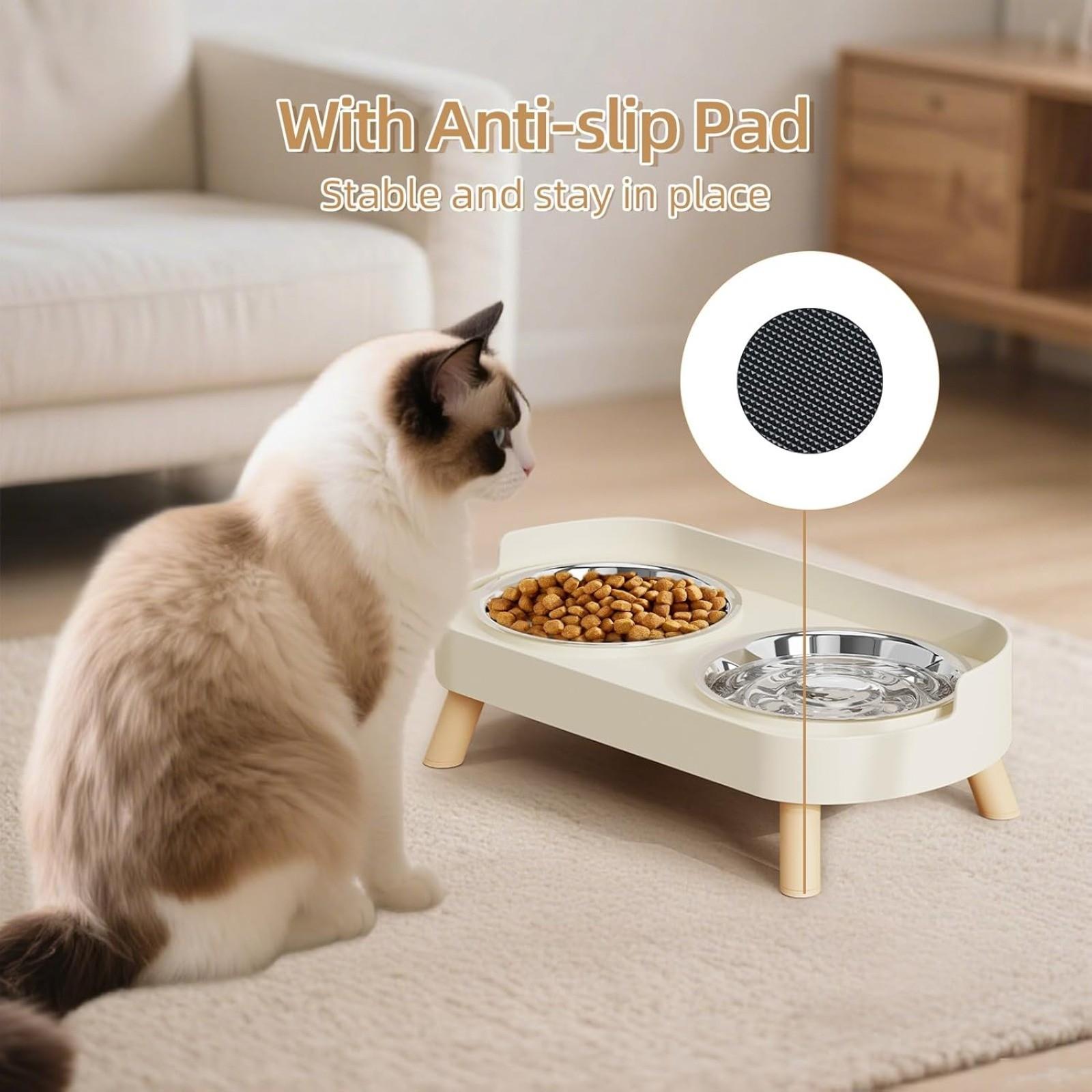 Pet Dual Bowl Food Dish, Scientific Neck Protection Design, Anti-Spill Wide Base, Stainless Steel, Water Bowl Included, Essential Pet Accessory