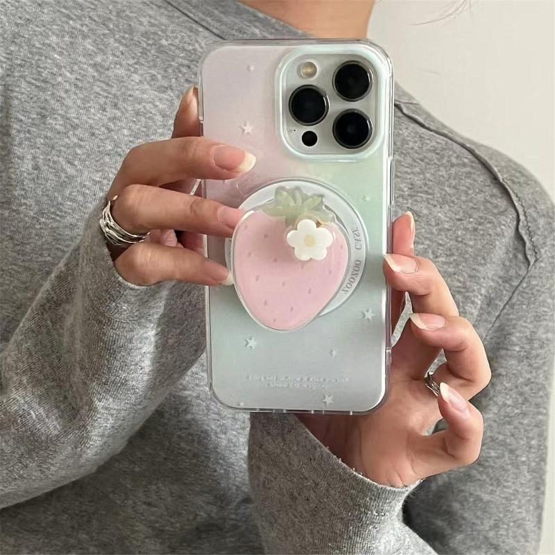 Korean Strawberry Circular MagSafe Griptok Cell Phone Holder - Rotatable Ring Stand, MagSafe Attachment, Mobile Accessory for iPhone 15 Wireless Charging Case