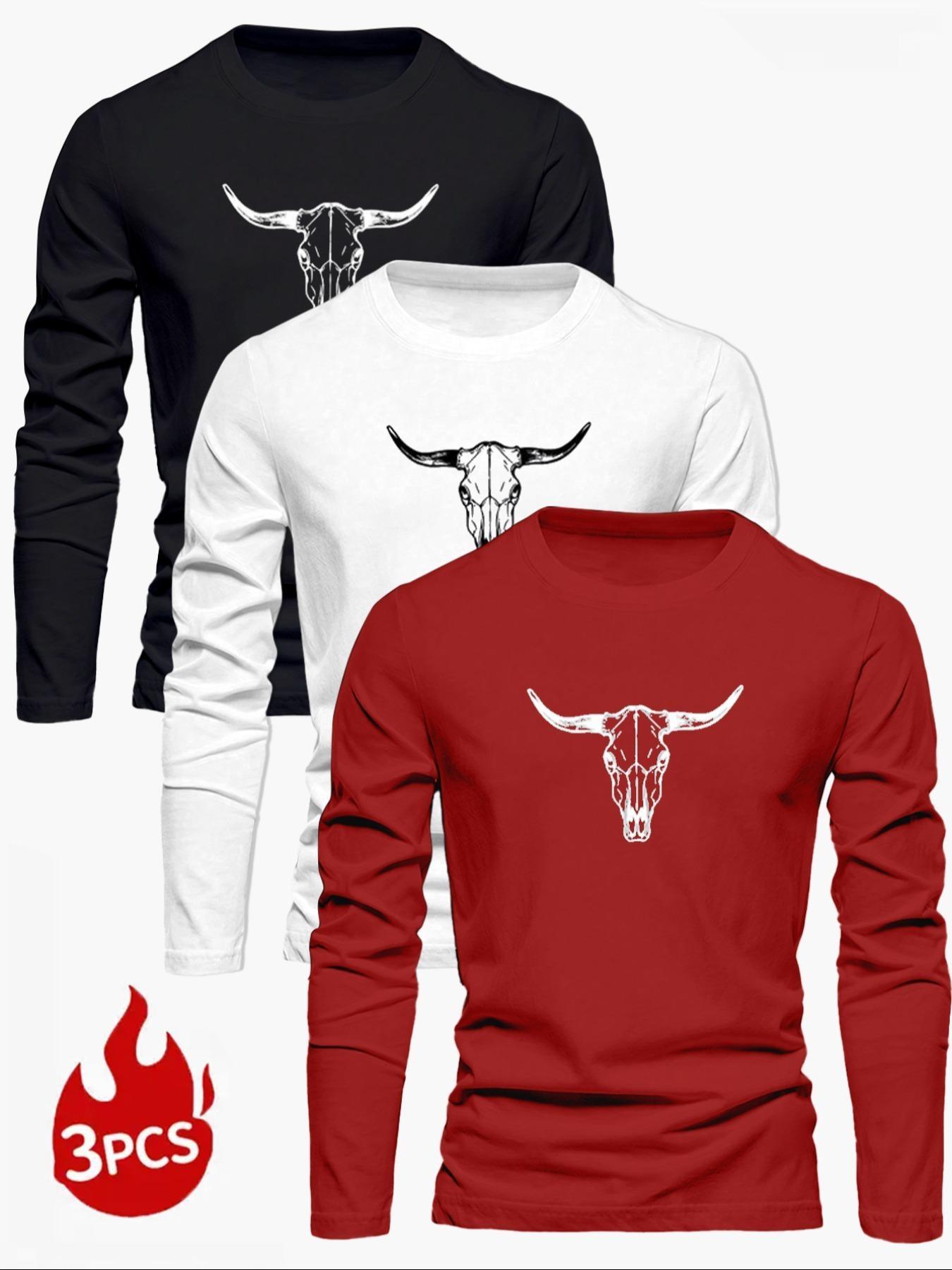 Men's 3-Piece Knit Bull Print Round Neck Long Sleeve T-Shirt Set, Graphic, Fitted Casual Fashion, Soft Handfeel, Comfortable Streetwear