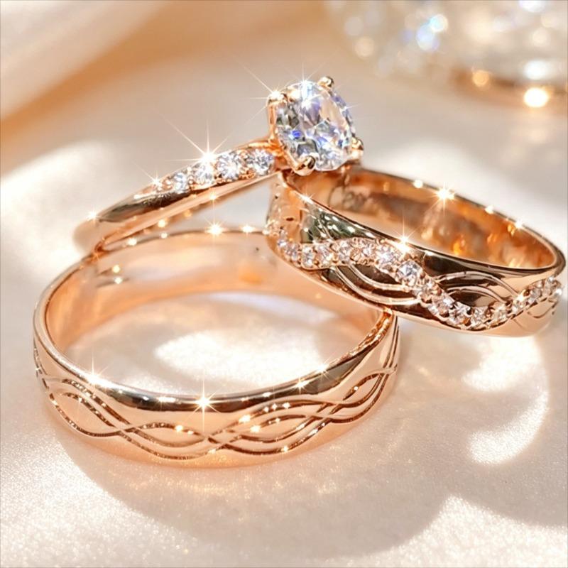 A Delicate Three-piece Rose Golden Set of Interchangeable Engagement and Bridal Rings, Ideal As A Gift for Special Occasions.