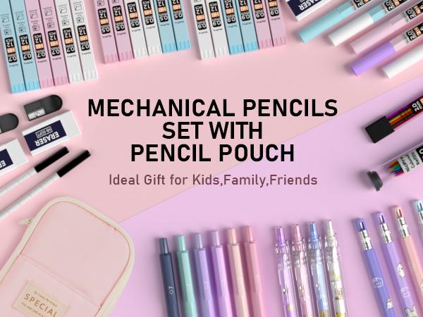 Nicpro 47Pcs Pastel Mechanical Pencil Set With Big Capacity Pencil Case, Cute Mechanical Pencils 0.5, 0.7, 0.9 & 2mm Lead Holder with 4B 2B HB 2H Color Lead Refills Eraser for Student Writing Drawing
