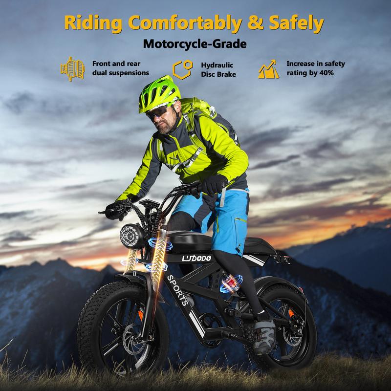 Moped Style Ebike for Adults740W, Max 19MPH & 70-150 Miles, Long Seat Electric Dirt Bike with 20" Fat Tire, Full Suspension E Bike All Terrain Gravelbike