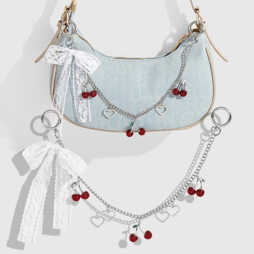 Y2K Style DIY Bag Charm Accessory, Minimalist Elegant Black‑White Lace Bow with Faux Cherry Pendant, Trendy Decorative Handbag Hanging Ornament