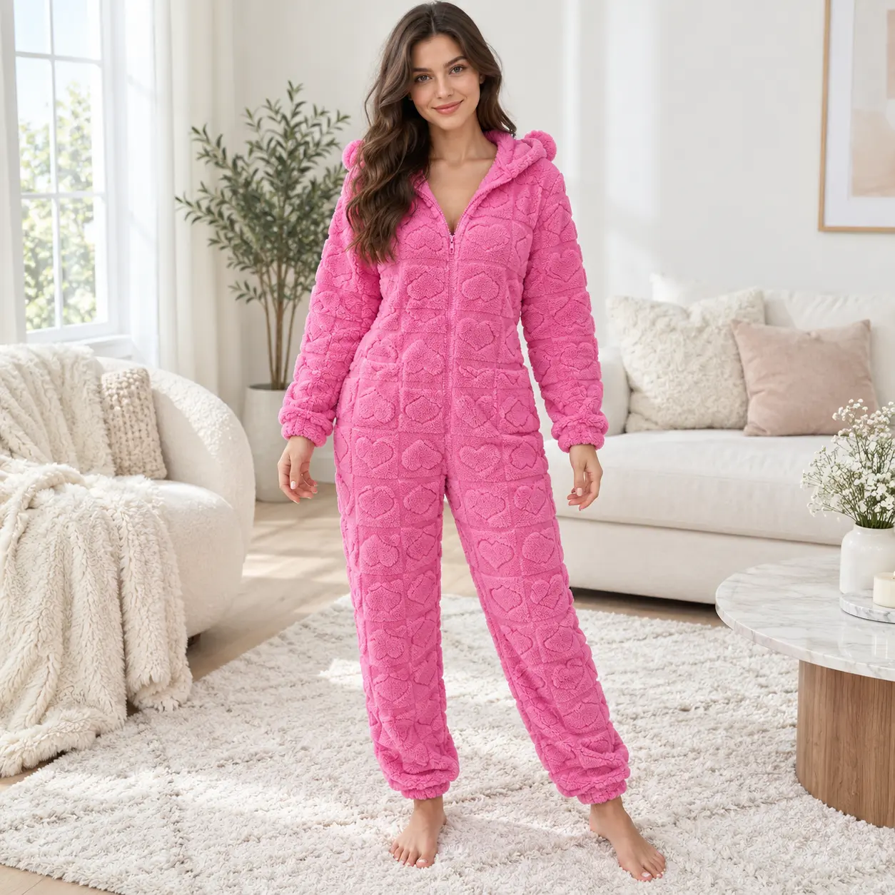 Women’s Pink Heart Plush Hooded Onesie, Zip Up Long Sleeve Fuzzy Jumpsuit with Bear Ear Hood, Pockets and Elastic Cuffs, Cute Cozy One Piece Pajamas for Lounging, Sleepovers, Pajama Parties, Winter Homewear, Relaxed Fit Loungewear and Gifts